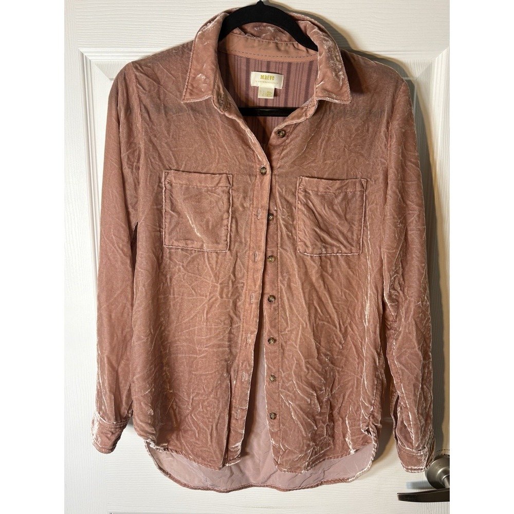 Anthropologie Maeve Women's Shirt Button Up Velvet Button Up Boho Mauve Pink 6